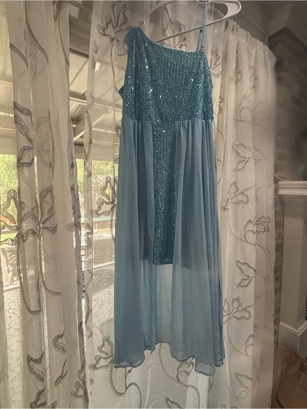 Light Blue Sequin & Chiffon High-Low Dress